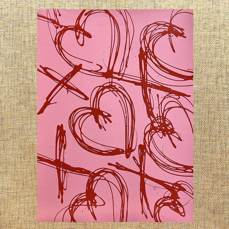 Red Diagonal XO on Pink Field  22x30 Unframed